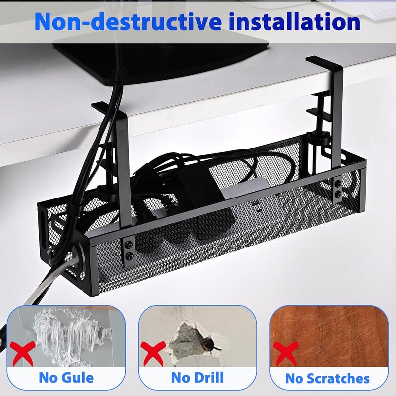 QUELIEN Under Desk Cable Management Tray Small – Clamp-Mounted Wire Organizer & Cord Management Under Desk Rack, No-Drill Metal Cable Organizer for Home Office (Black) - Image 3